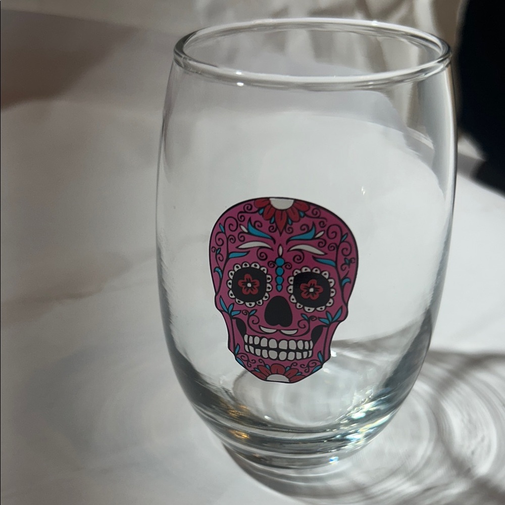 Sugar Skull Stemless Wine Glass - Pink & Teal Skull